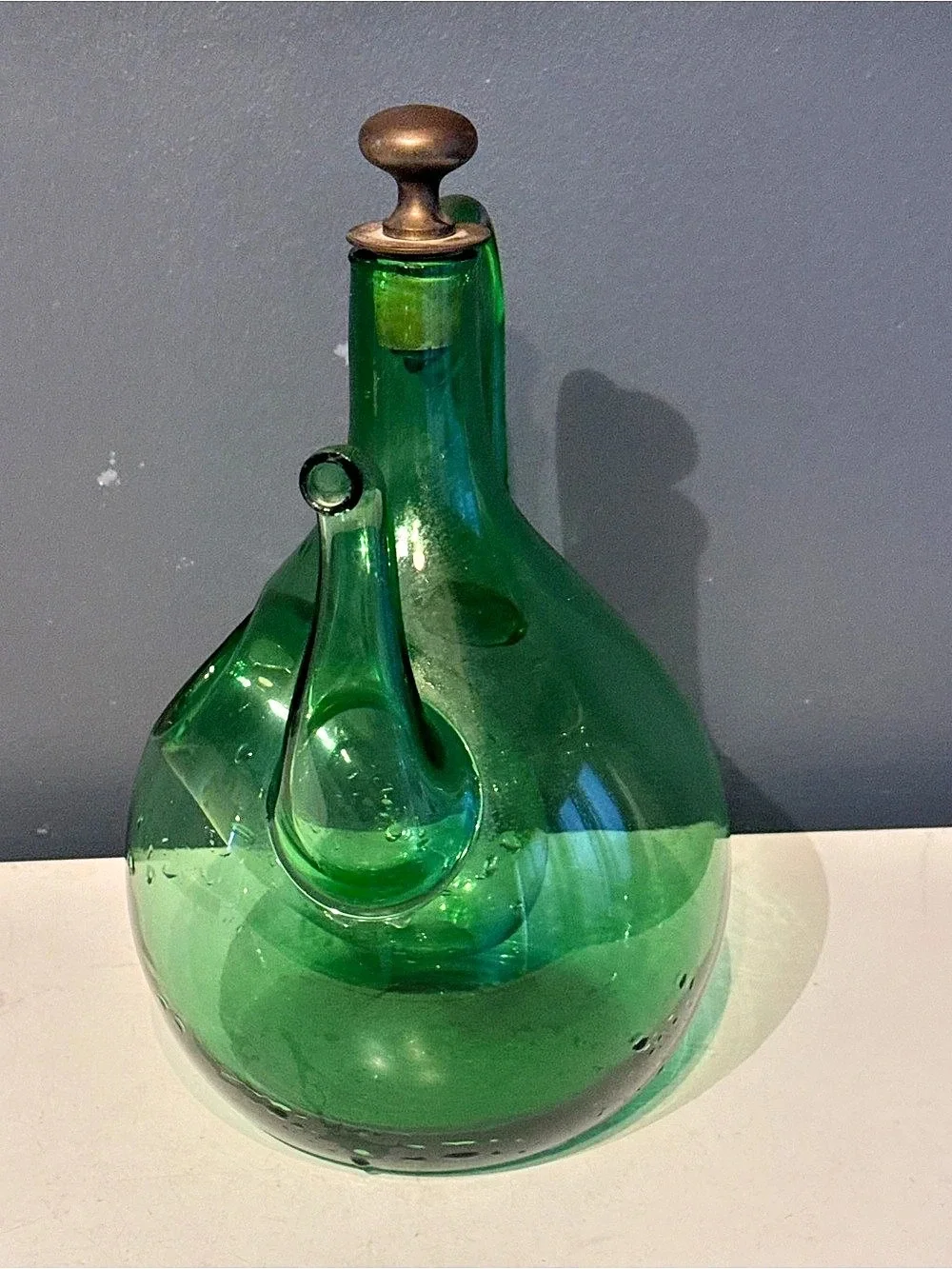 Glass Decanter Green Vintage Italian Hand Blown Mid Century Bar Decor